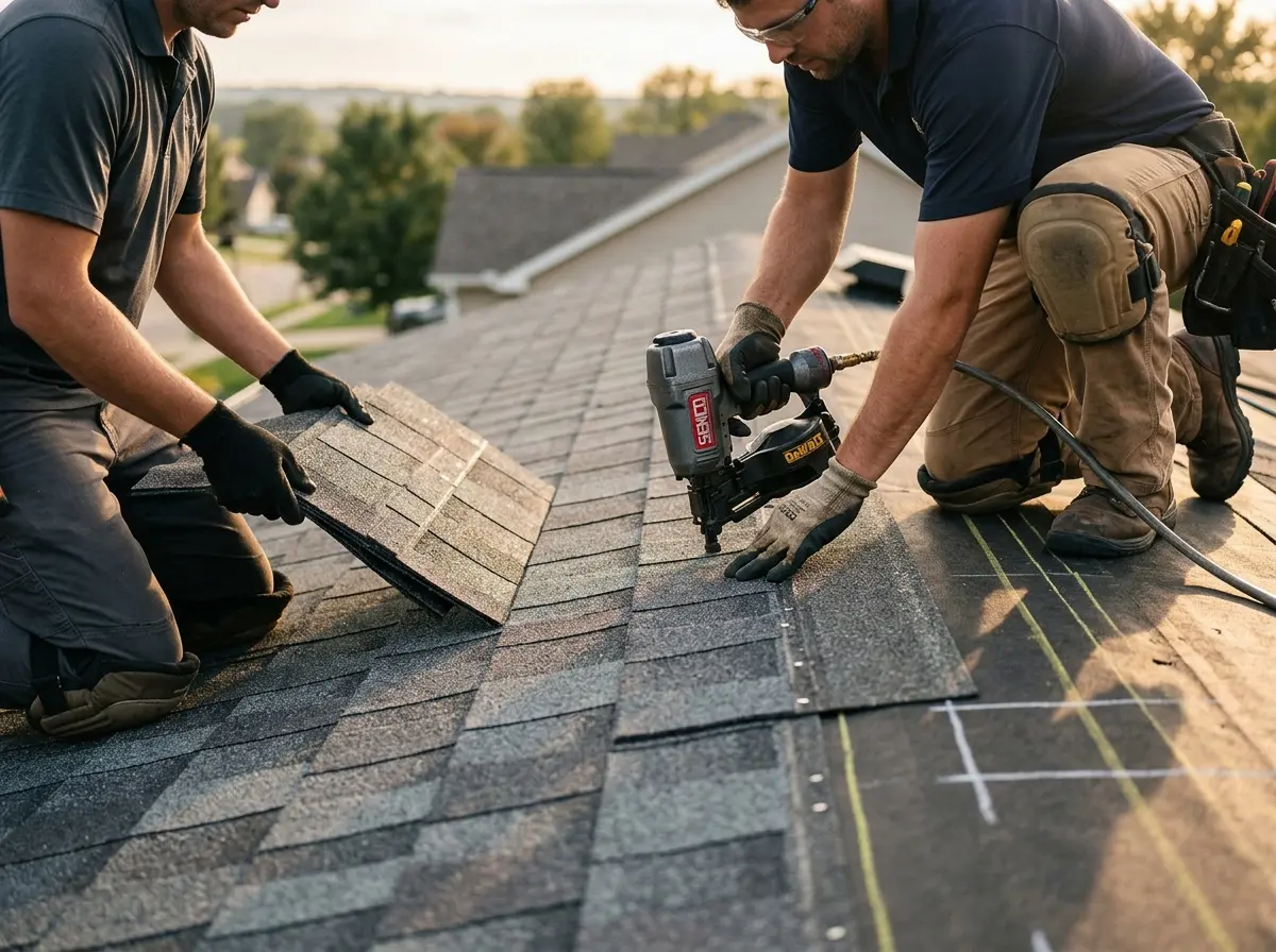 Professional roofer working on a residential roof in Westland